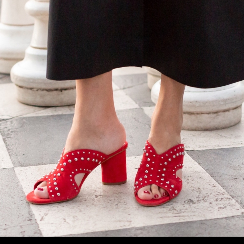 Vince Camuto Red Suede Studded Mules